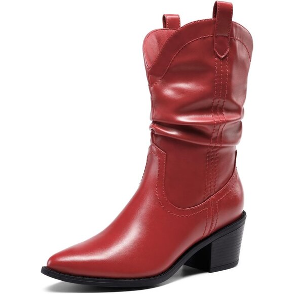 Women's Red Cowgirl Boots Mid Calf Chunky Heel Slouchy & Pull-on Ankle Booties - Picture 1 of 8
